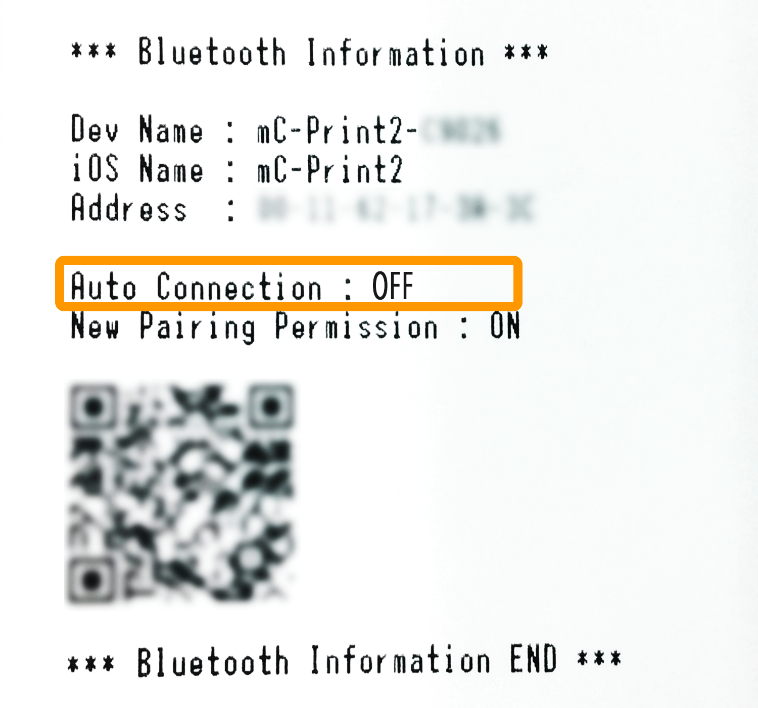 テスト印字 Bluetooth Information Auto Connection:ON